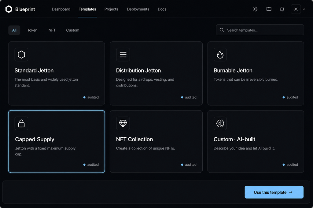 Six glowing smart contract template cards arranged in a grid
